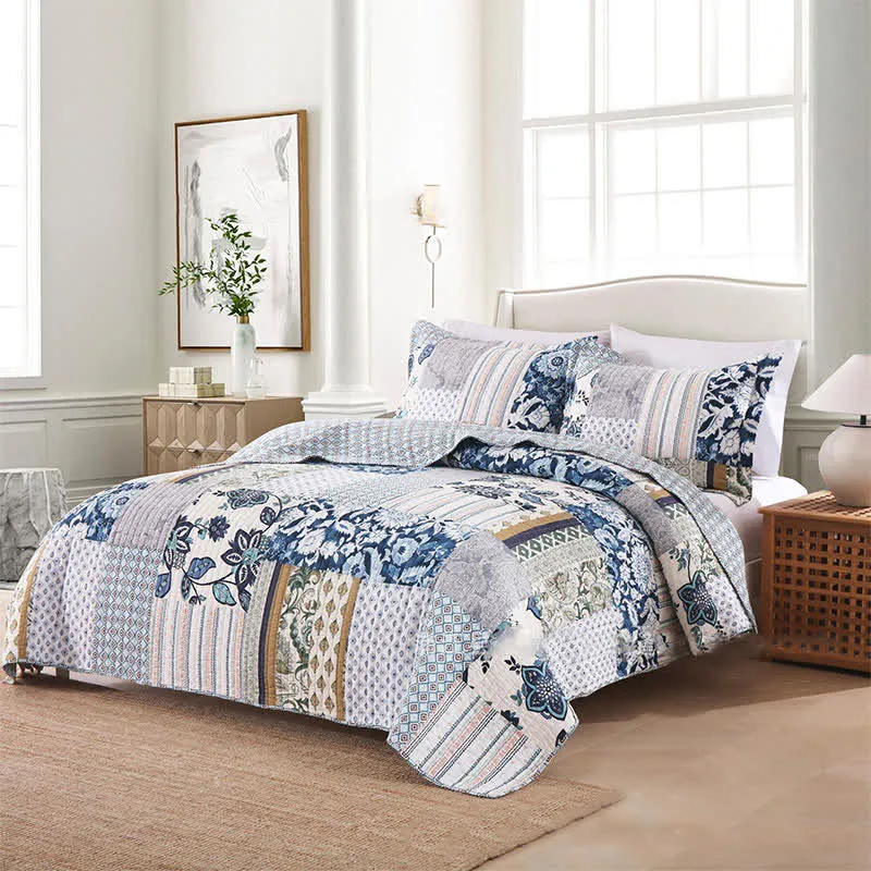 Gestepptes Bettwäscheset aus Baumwolle mit floralem Patchwork-Muster (3-teilig)