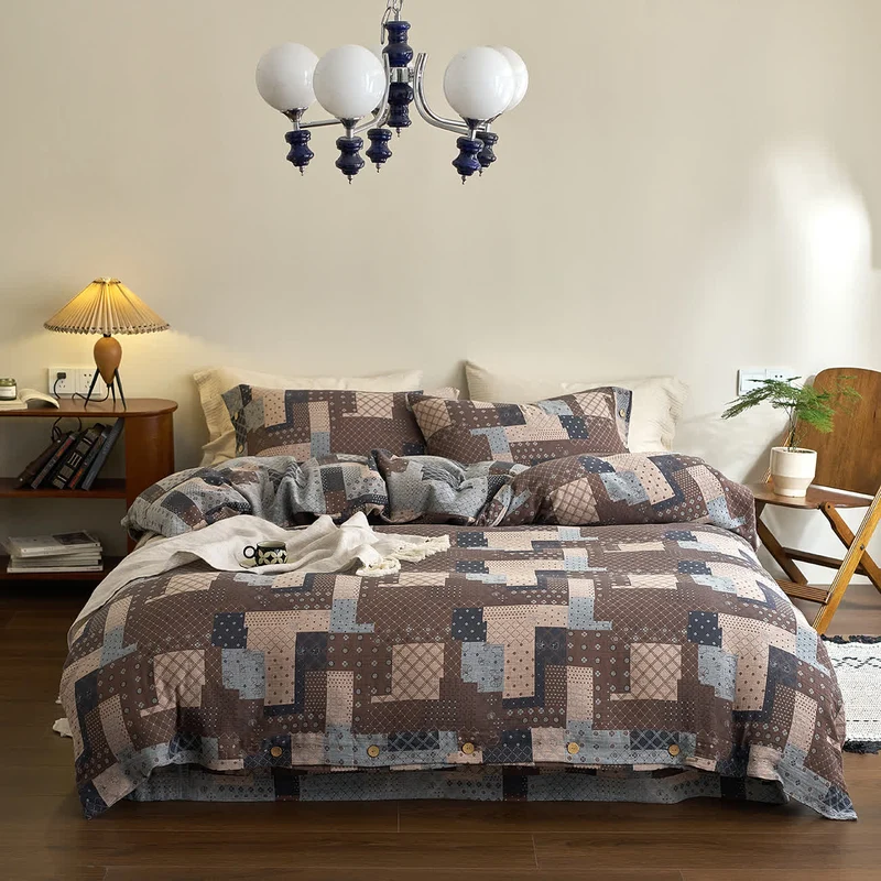 Patchwork-Bettwäscheset aus Baumwollgaze mit geometrischem Muster (4-teilig)
