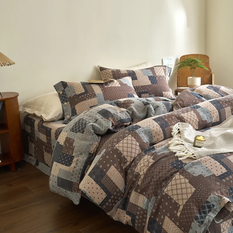Patchwork-Bettwäscheset aus Baumwollgaze mit geometrischem Muster (4-teilig)
