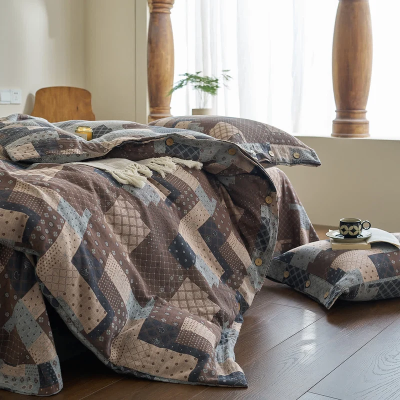 Patchwork-Bettwäscheset aus Baumwollgaze mit geometrischem Muster (4-teilig)
