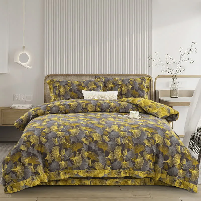 Baumwoll-Bettwäscheset mit Ginkgoblättern und Knöpfen (4-teilig)