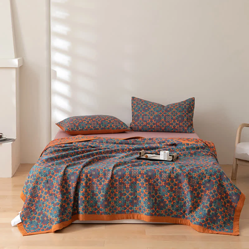 Sechslagige Baumwollsteppdecke mit orange-blauem Muster
