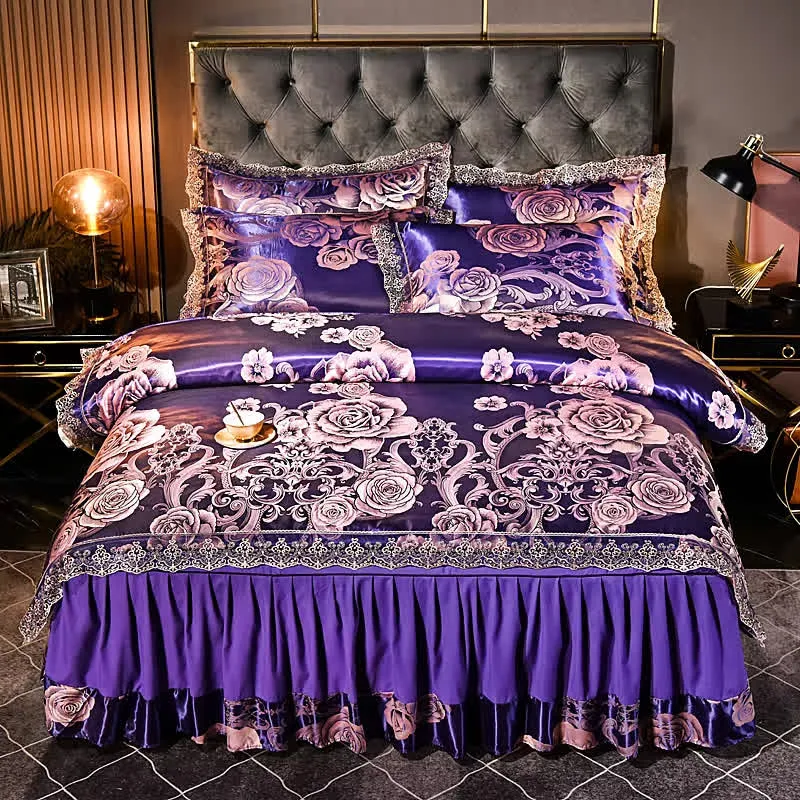 Satin-Bettwäscheset mit floralem Spitzenrand (4-teilig)