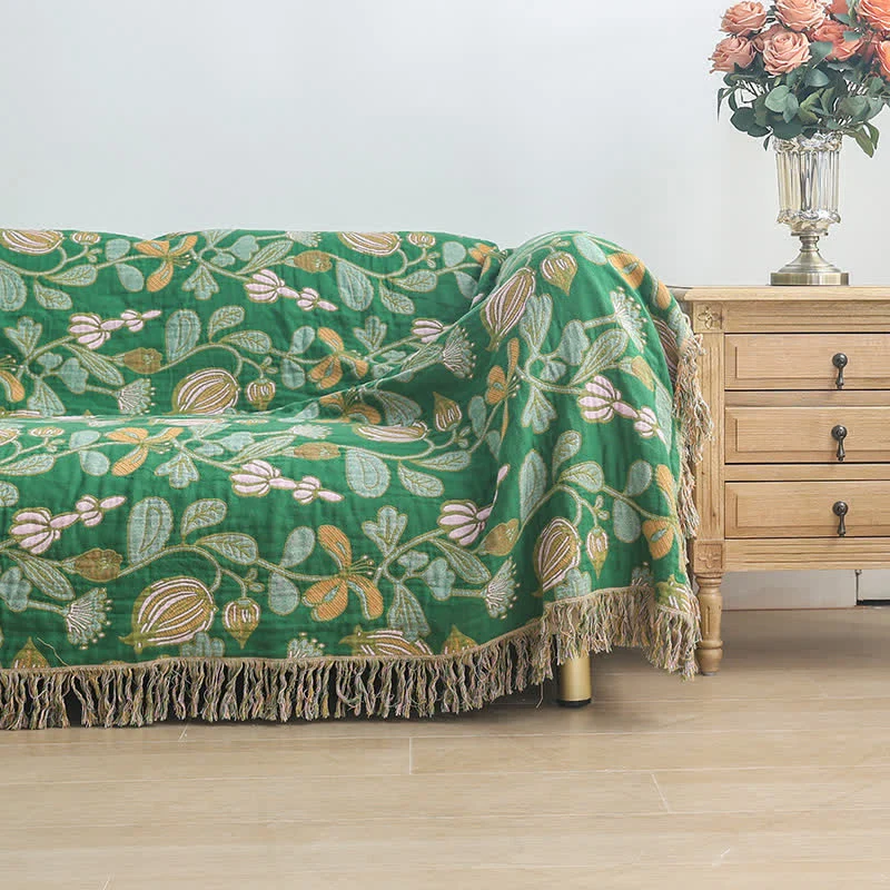 Sofadecke aus Baumwollgaze mit Blumenquasten