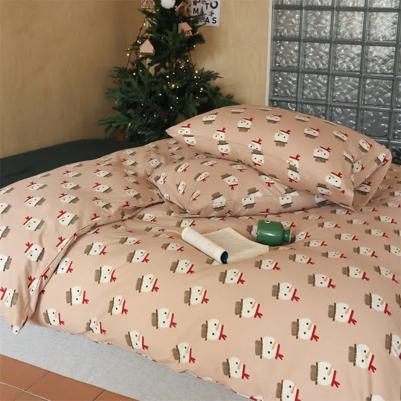 Weihnachts-Bettwäscheset aus Baumwolle mit Schneemannmotiv (4-teilig)
