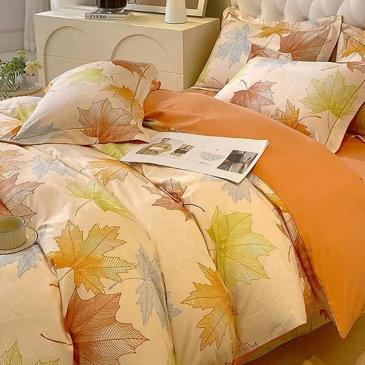 Bettwäscheset aus weicher, gebürsteter Baumwolle mit Ahornblattmotiv (4-teilig)