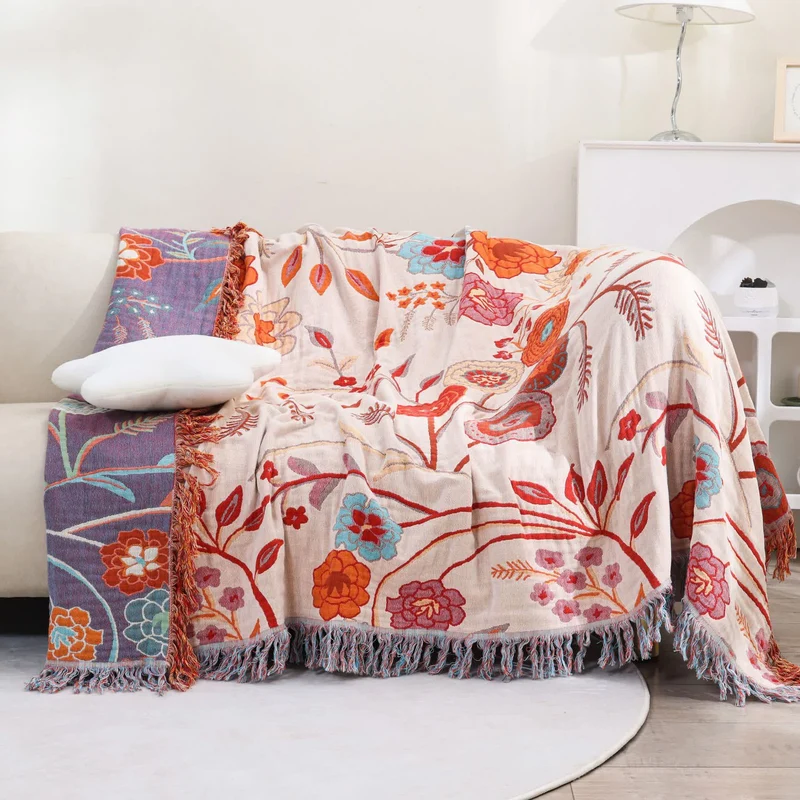 Bequeme Sofadecke aus Baumwollgaze mit Vintage-Blumenmuster
