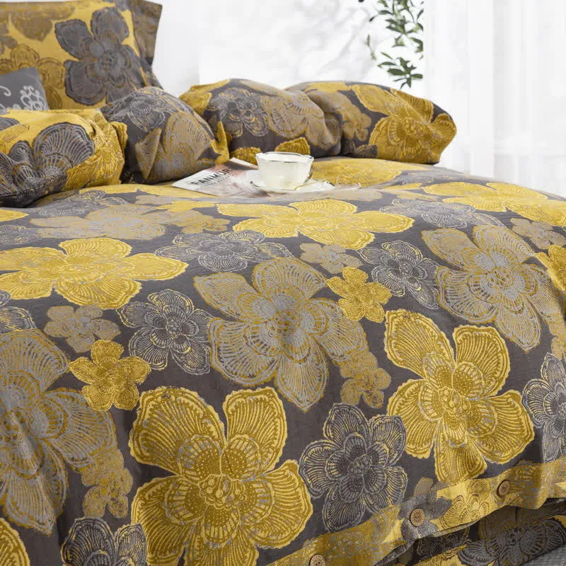 Elegantes Bettwäscheset mit Knöpfen aus Baumwollgaze mit Blumenmuster (4-teilig)
