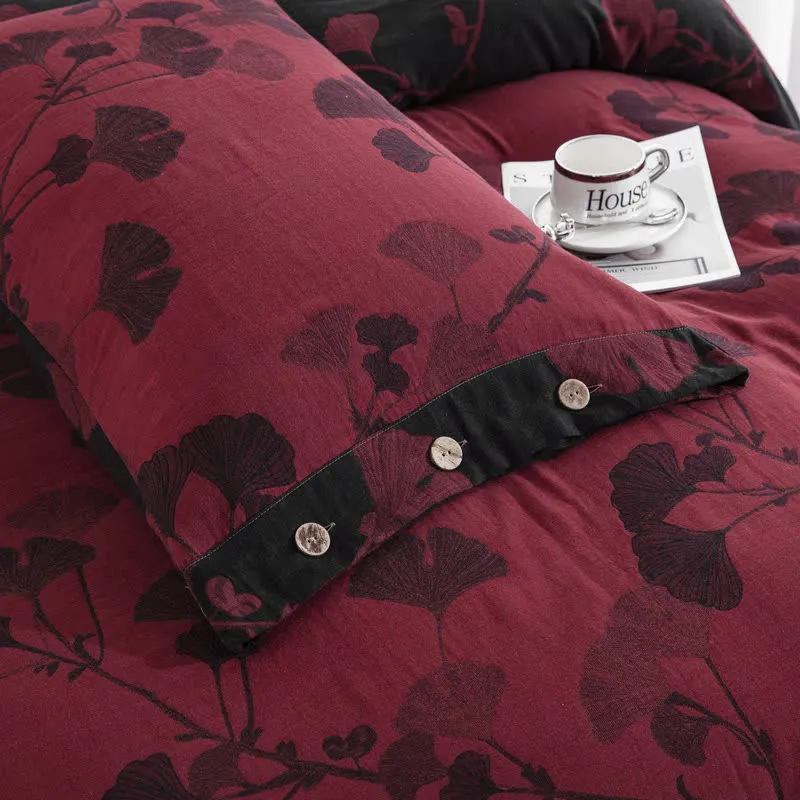 Bettwäsche-Set aus Baumwollgaze mit Knöpfen und Ginkgoblättern (4-teilig)