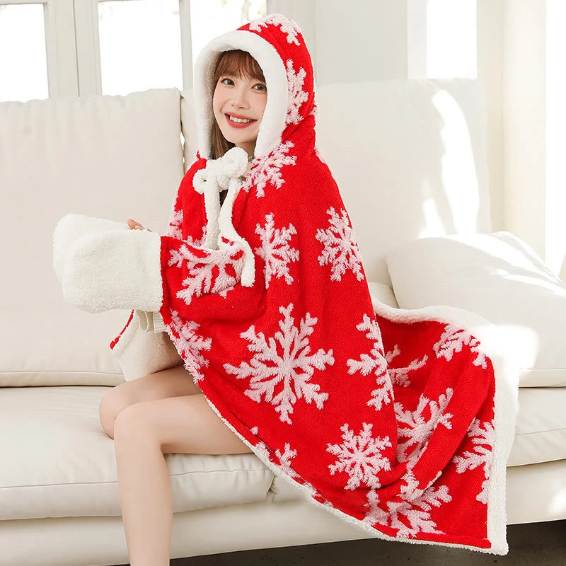 Fleece-Schaldecke mit Kapuze und Handschuhen im Schneeflocken-Design