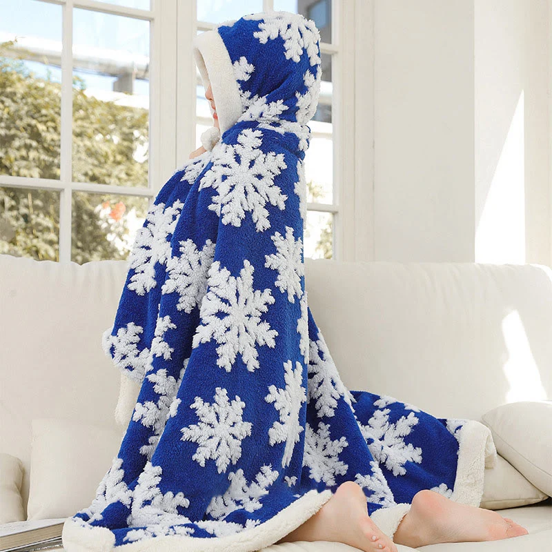 Fleece-Schaldecke mit Kapuze und Handschuhen im Schneeflocken-Design