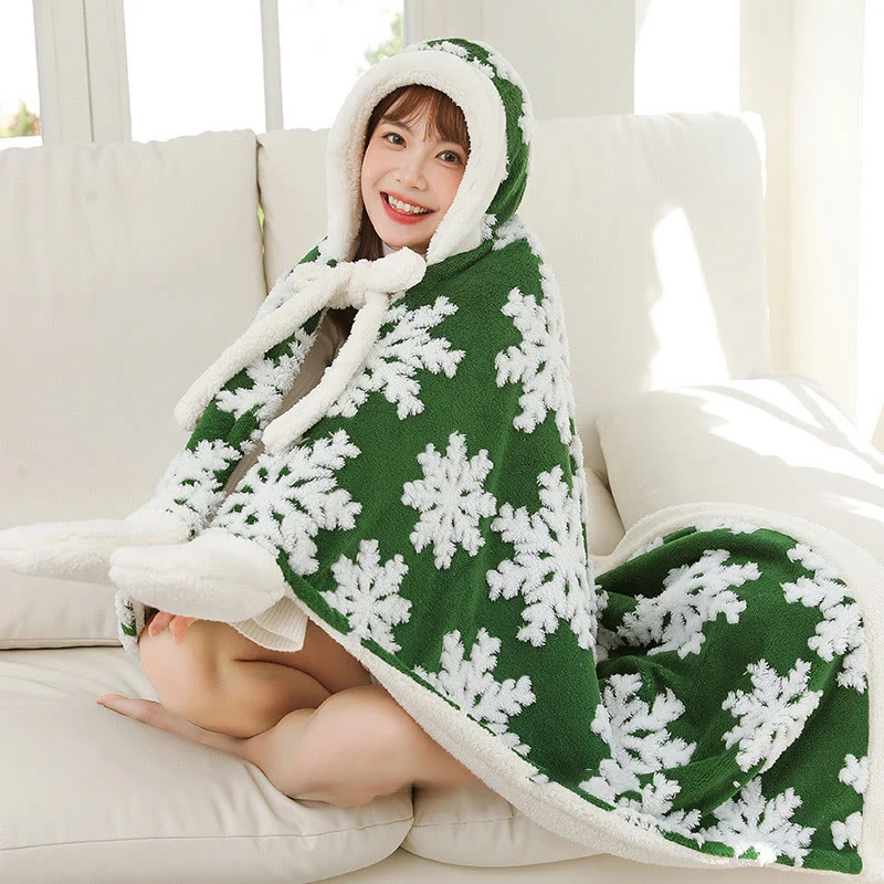 Fleece-Schaldecke mit Kapuze und Handschuhen im Schneeflocken-Design