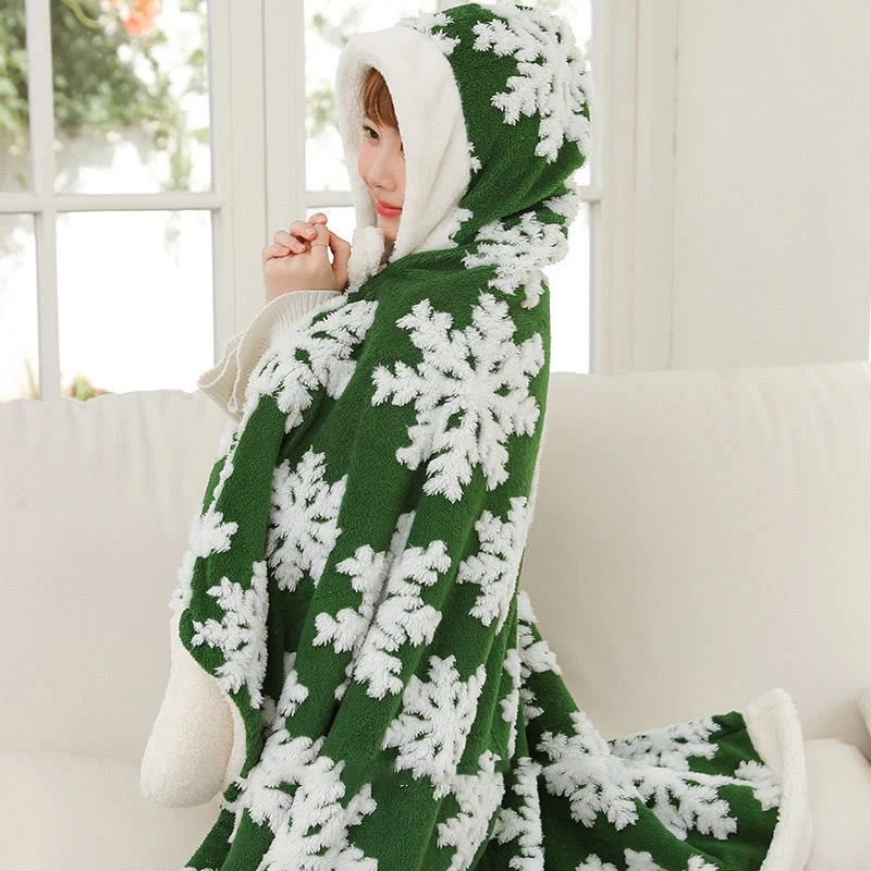 Fleece-Schaldecke mit Kapuze und Handschuhen im Schneeflocken-Design