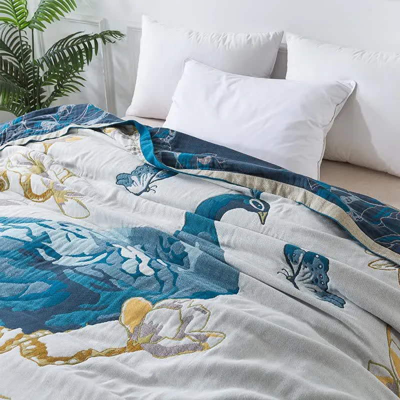 Bequeme Sofadecke aus Baumwollgaze-Jacquard mit Pfauenmotiv