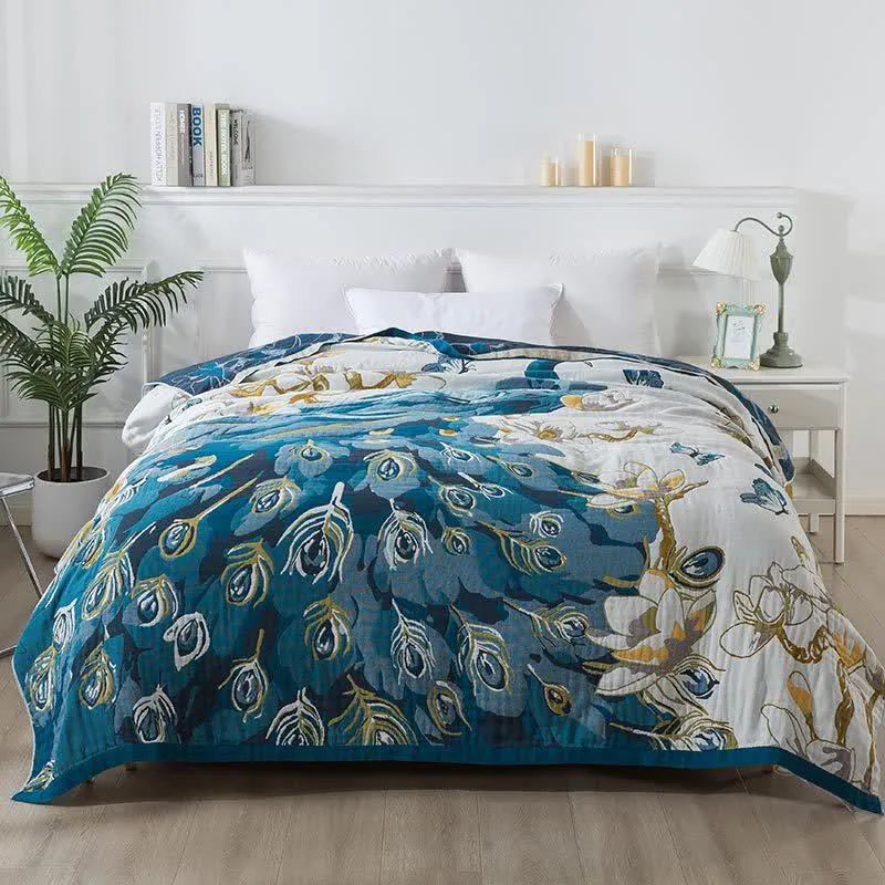 Bequeme Sofadecke aus Baumwollgaze-Jacquard mit Pfauenmotiv