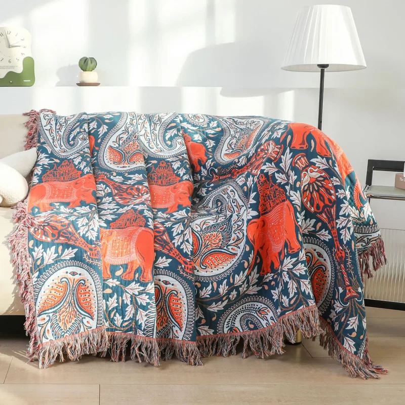Sofadecke aus Baumwolle mit Paisley-Muster und Elefanten-Quaste