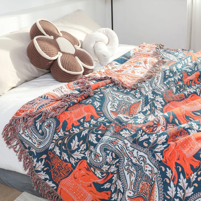 Sofadecke aus Baumwolle mit Paisley-Muster und Elefanten-Quaste