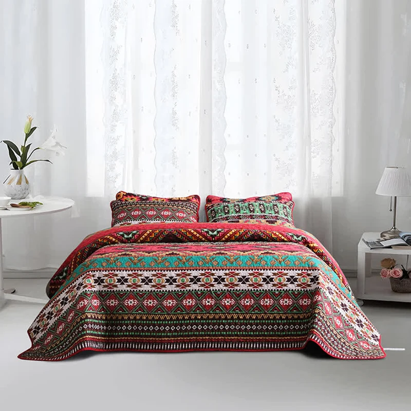 Gestepptes, atmungsaktives Bettwäscheset im Bohemian-Stil mit geometrischem Muster (3-teilig)