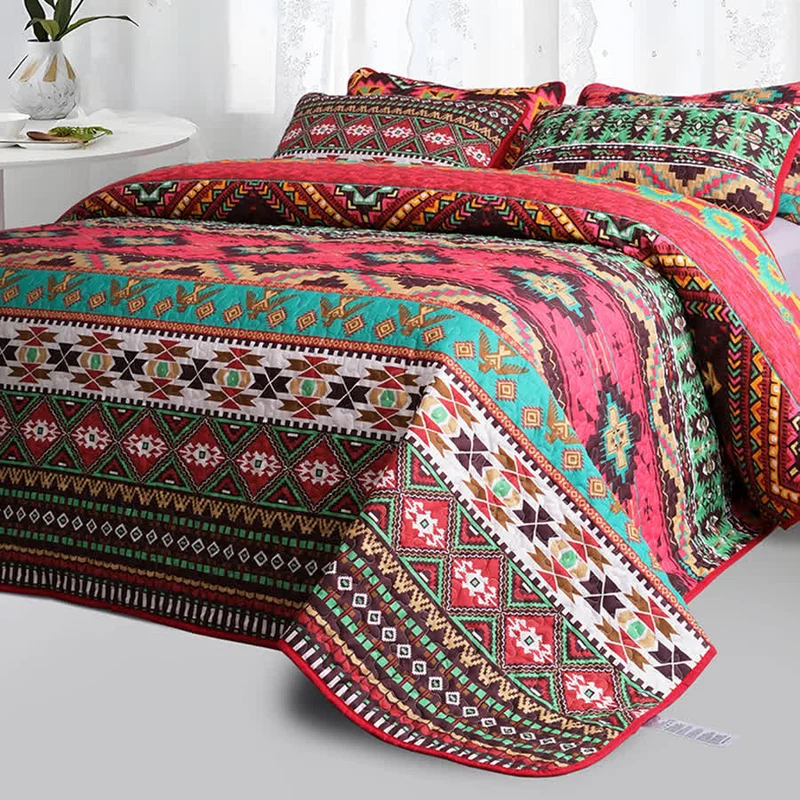 Gestepptes, atmungsaktives Bettwäscheset im Bohemian-Stil mit geometrischem Muster (3-teilig)