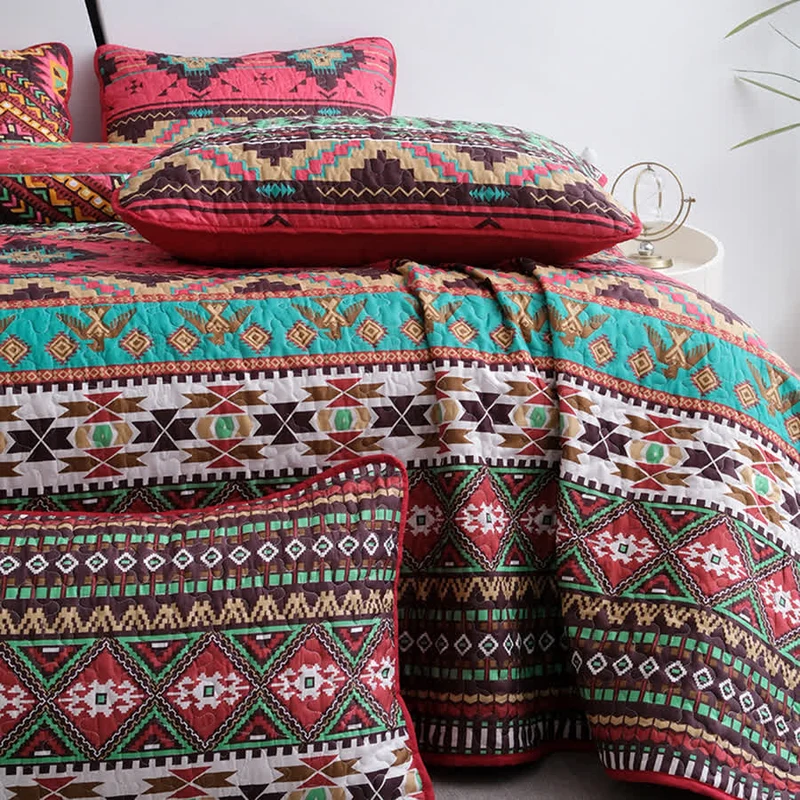 Gestepptes, atmungsaktives Bettwäscheset im Bohemian-Stil mit geometrischem Muster (3-teilig)