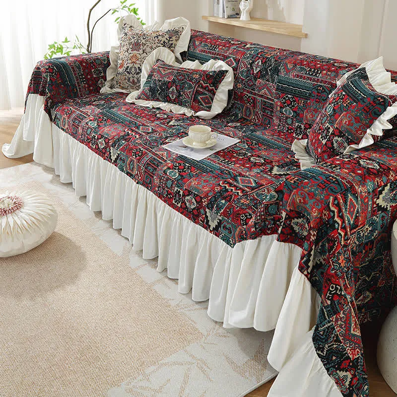 Boho Vintage Geometrischer Rüschen-Sofabezug