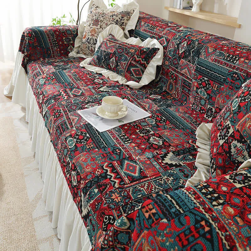 Boho Vintage Geometrischer Rüschen-Sofabezug