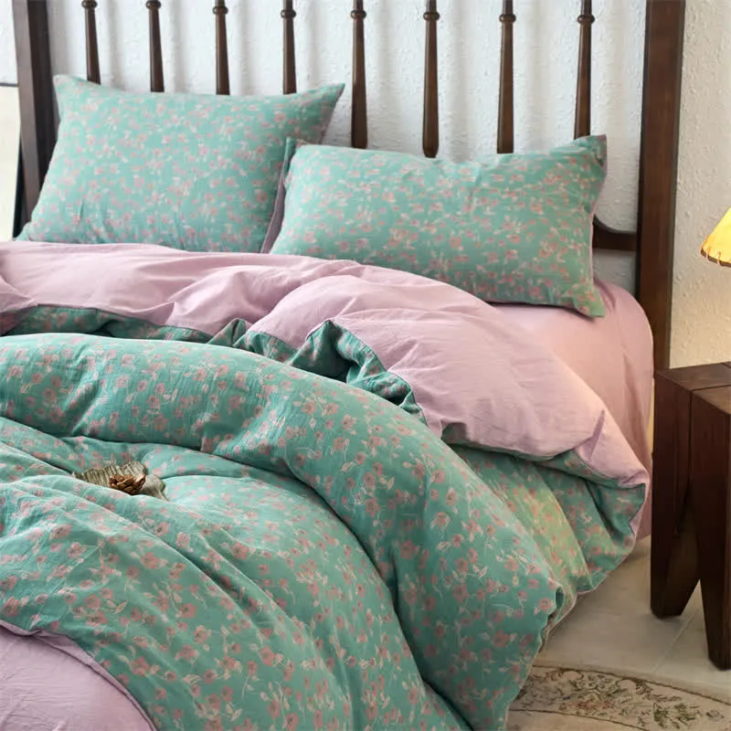 Bettwäscheset mit Jacquard-Blumenmuster und Gaze (4-teilig)