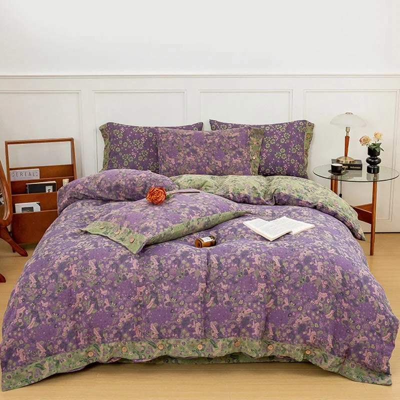 Boho Flower Lila Baumwoll-Bettwäsche-Sets (4-teilig)