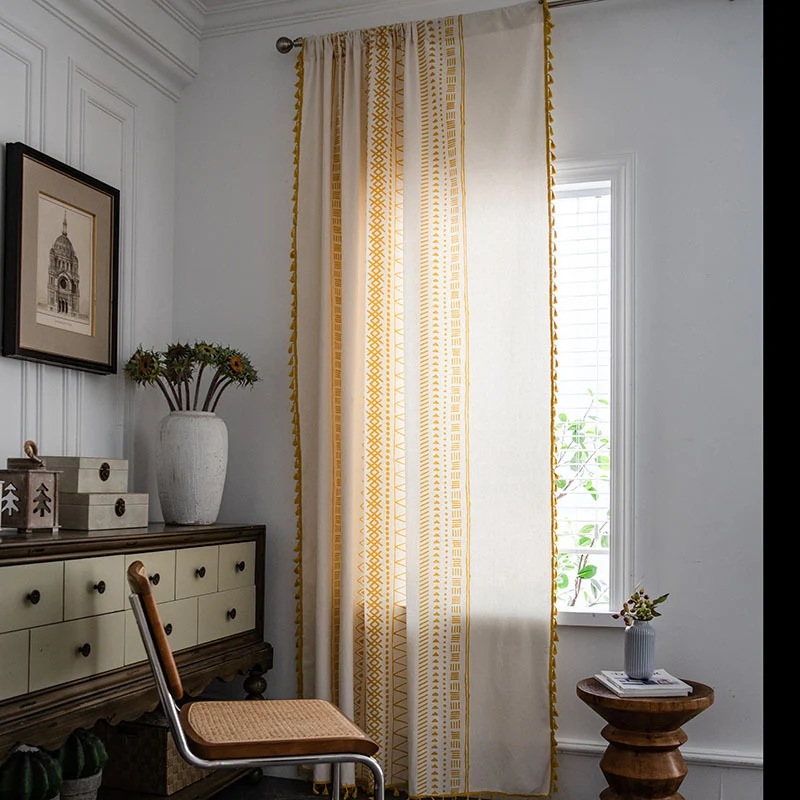 Ownkoti Halbverdunkelnde Vorhänge aus Baumwolle im Bohemian-Stil mit geometrischem Muster