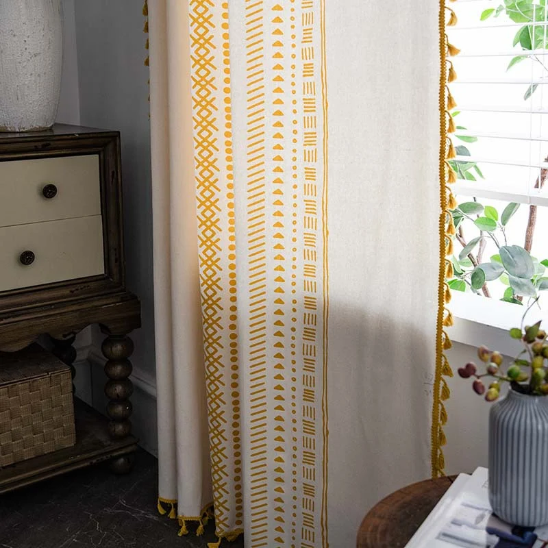 Ownkoti Halbverdunkelnde Vorhänge aus Baumwolle im Bohemian-Stil mit geometrischem Muster