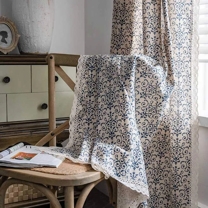 Ownkoti Boho-Vorhang mit blauem Muster, halbverdunkelnd