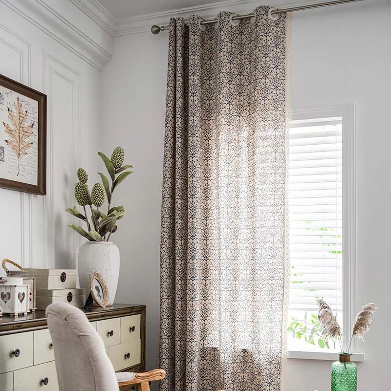 Ownkoti Boho-Vorhang mit blauem Muster, halbverdunkelnd