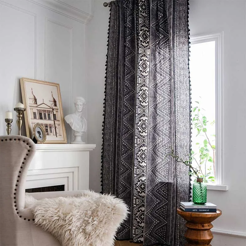 Ownkoti Bohemian-Vorhänge mit geometrischen Mustern, Baumwolle, mit Quasten, Schwarz