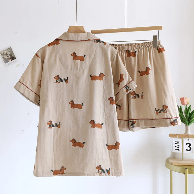 Süßes Kurzarm-Pyjama-Set mit Dackel-Paar
