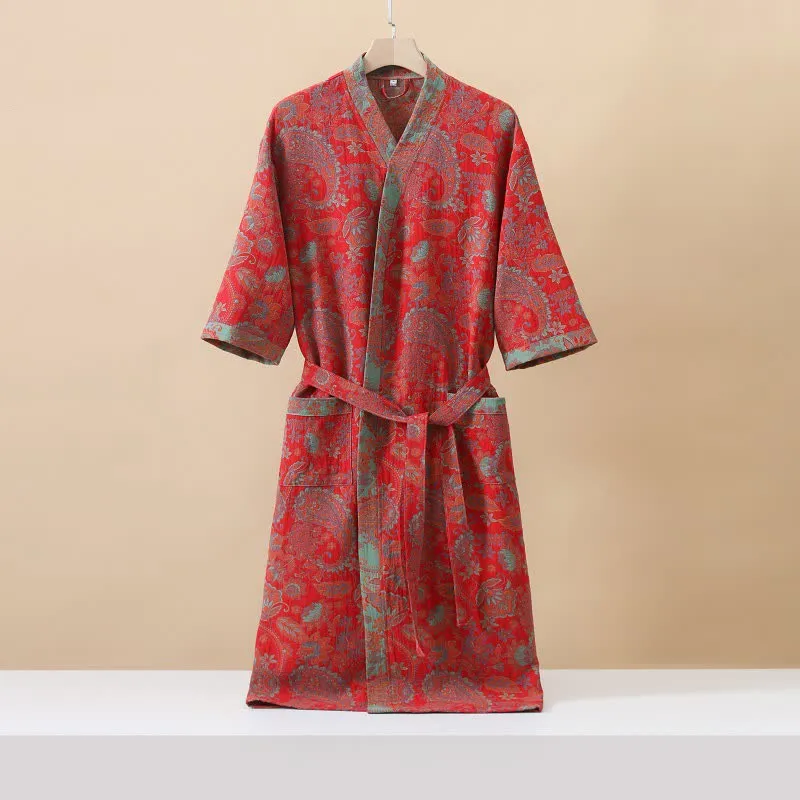 Bademantel aus Baumwollgaze im Kimono-Jacquard-Paisleymuster