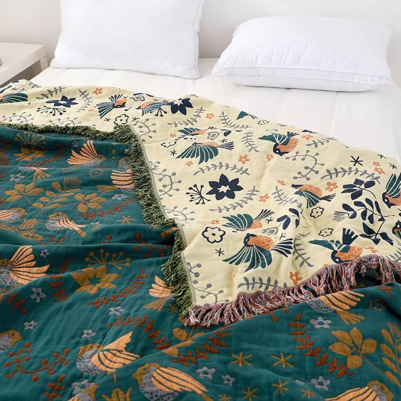 Ownkoti Boho Atmungsaktive Sofadecke mit Blumen und Vögeln