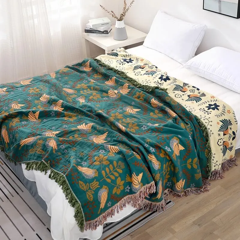 Ownkoti Boho Atmungsaktive Sofadecke mit Blumen und Vögeln