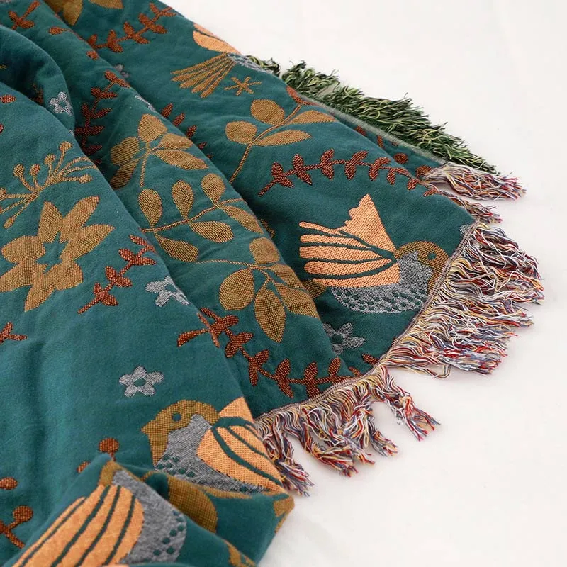 Ownkoti Boho Atmungsaktive Sofadecke mit Blumen und Vögeln