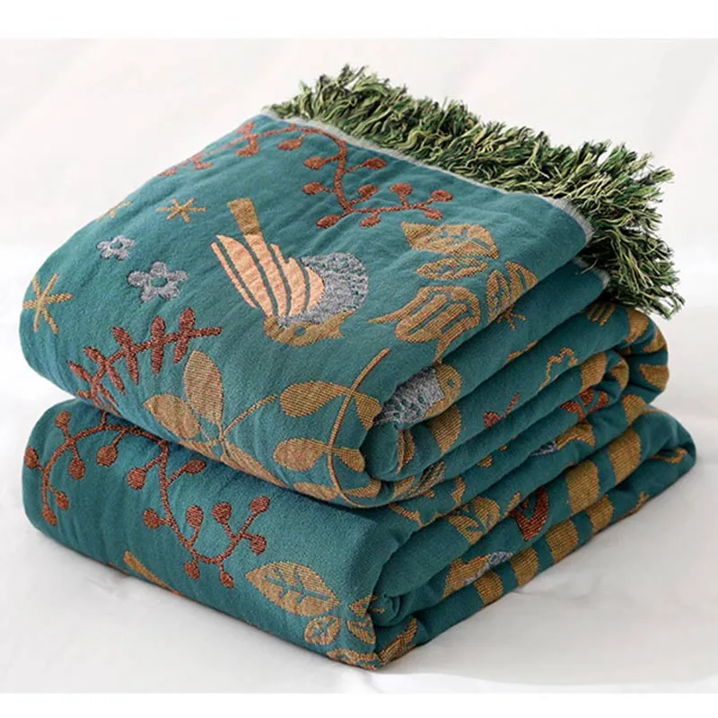 Ownkoti Boho Atmungsaktive Sofadecke mit Blumen und Vögeln