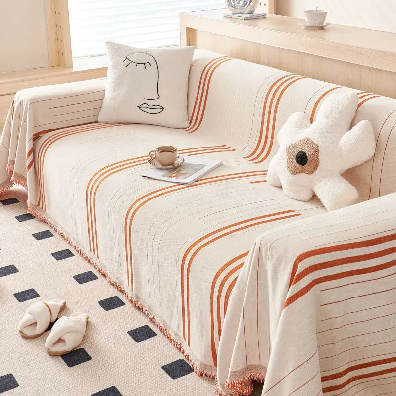 Sofaschoner aus Chenille mit geraden Streifen und Quasten