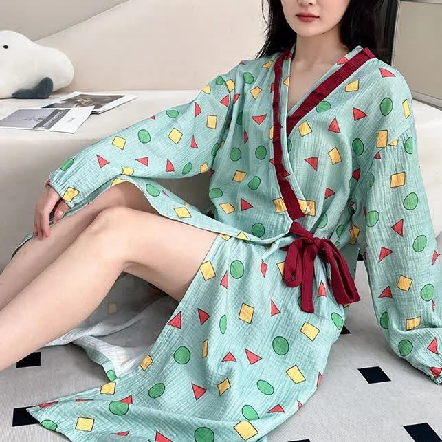 Geometrisches Kimono-Nachthemd aus Baumwollgaze in Übergröße