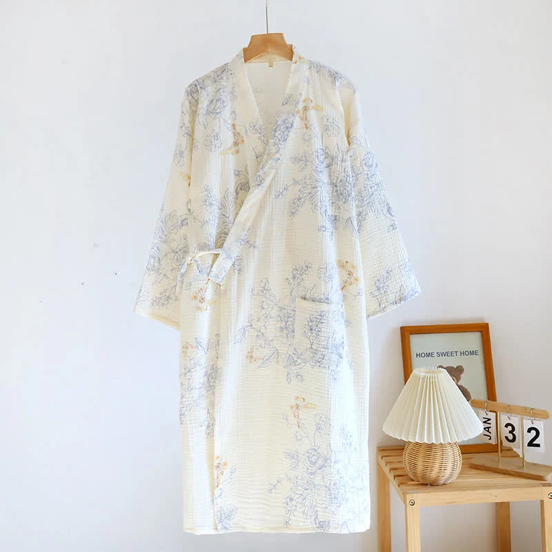Bademantel-Pyjama aus Baumwollgaze mit Blumen und Schmetterlingen