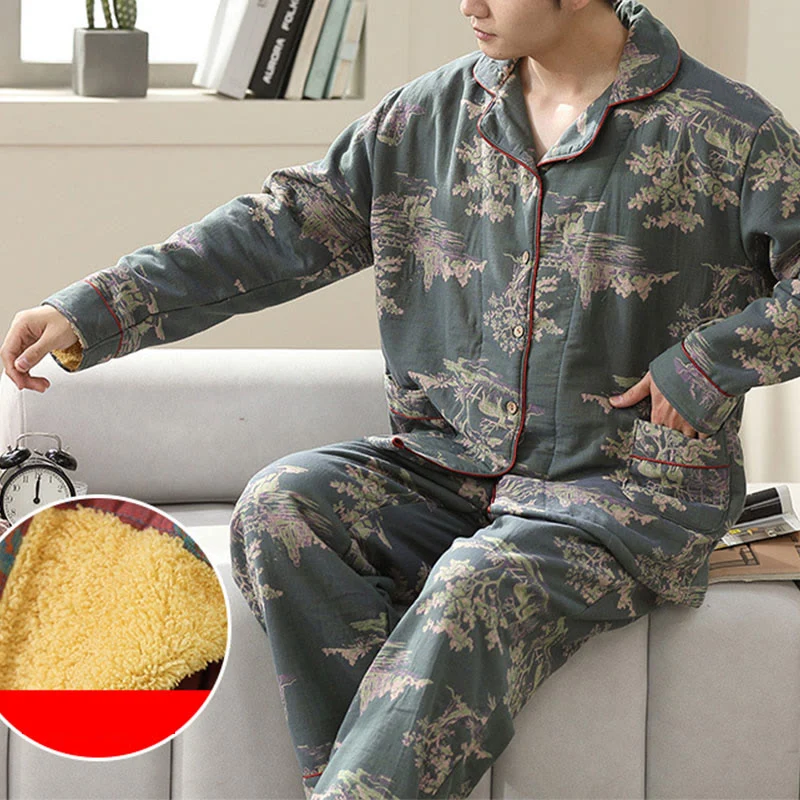 Loungewear-Set aus Baumwollgaze mit Pflanzendruck