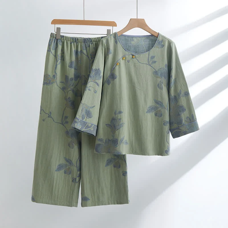 Bequemes Loungewear-Set aus Baumwolle mit Rundhalsausschnitt und Blumenmuster