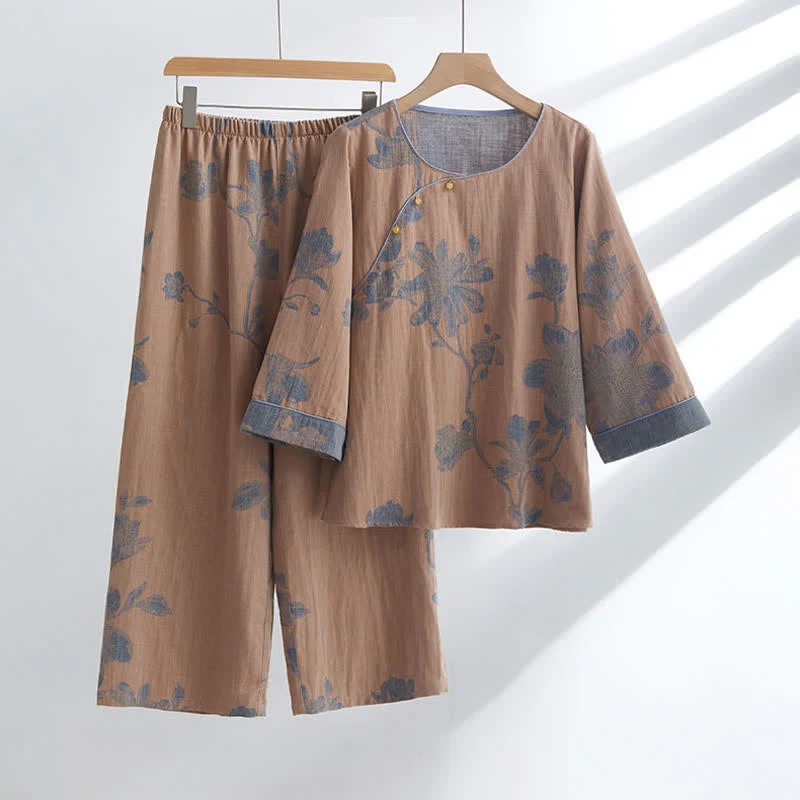 Bequemes Loungewear-Set aus Baumwolle mit Rundhalsausschnitt und Blumenmuster