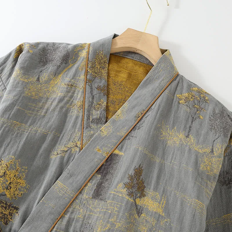 Neutrales Kimono-Pyjama-Set aus Baumwolle mit Landschaftsmotiv
