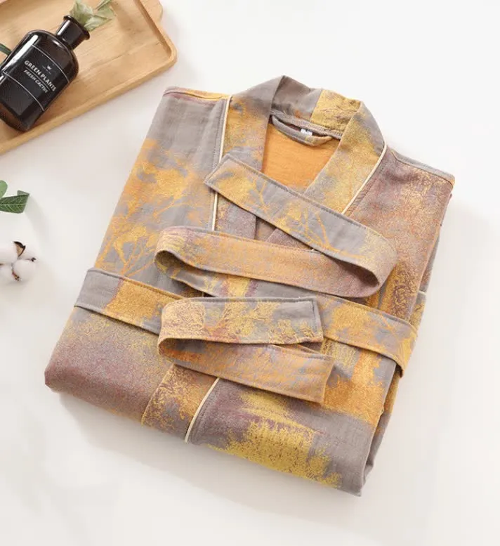 Langärmliger Kimono-Bademantel aus Baumwollgaze