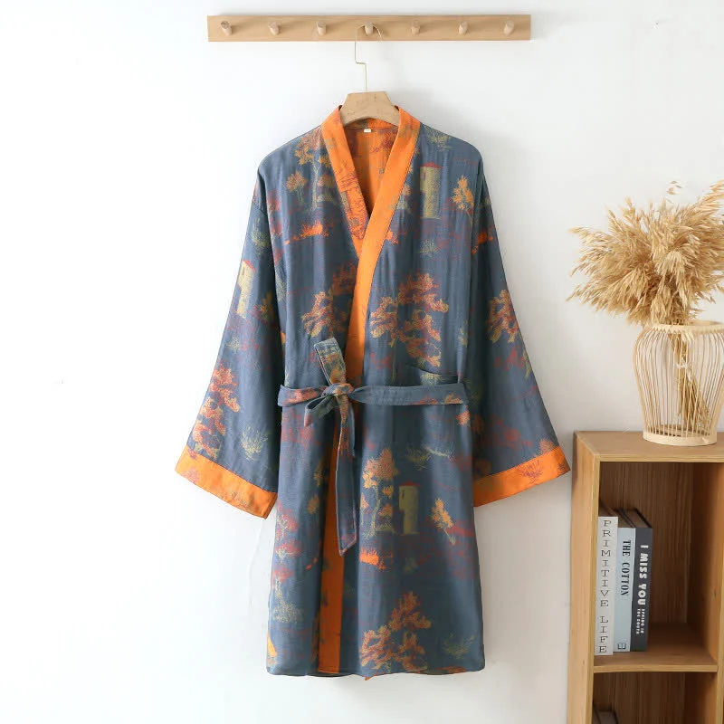 Atmungsaktiver Retro-Kimono-Bademantel aus reiner Baumwolle