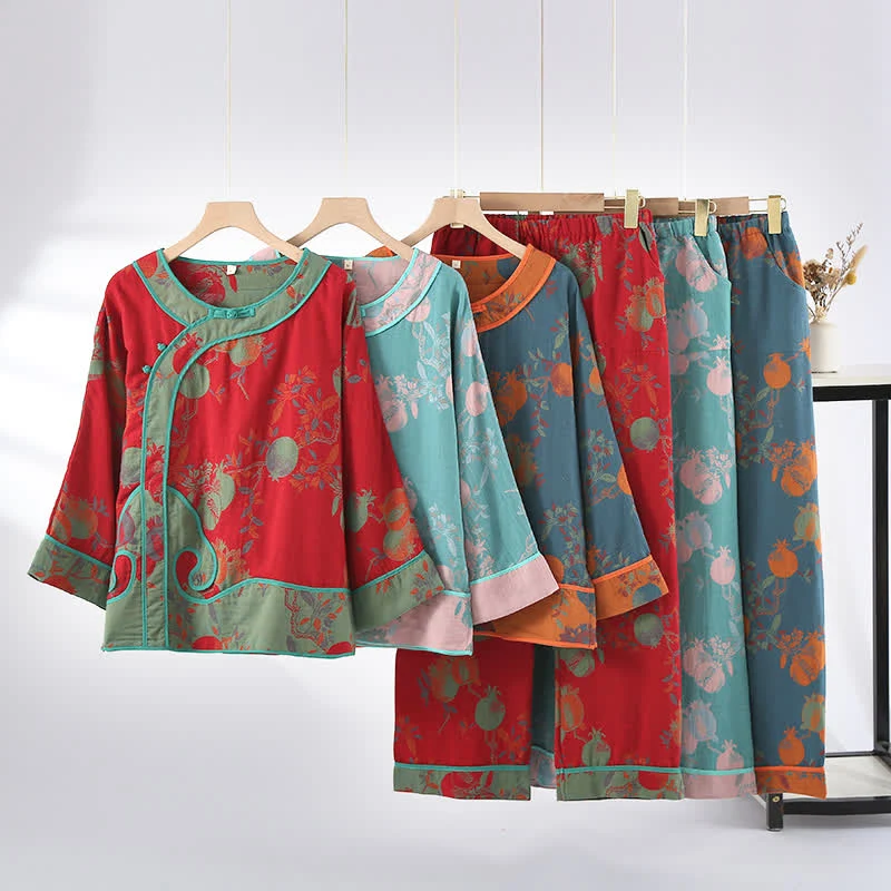 Jacquard-Nachtwäscheset aus Baumwollgaze mit Granatapfelmotiv