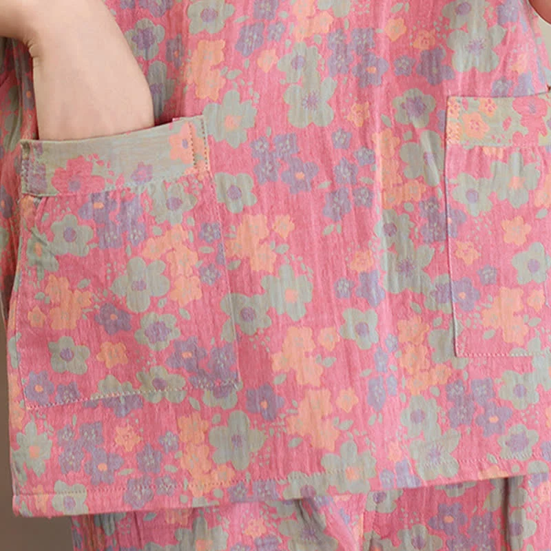 Kurzarm-Pyjama-Set aus Baumwolle mit Blumenmuster in Übergröße